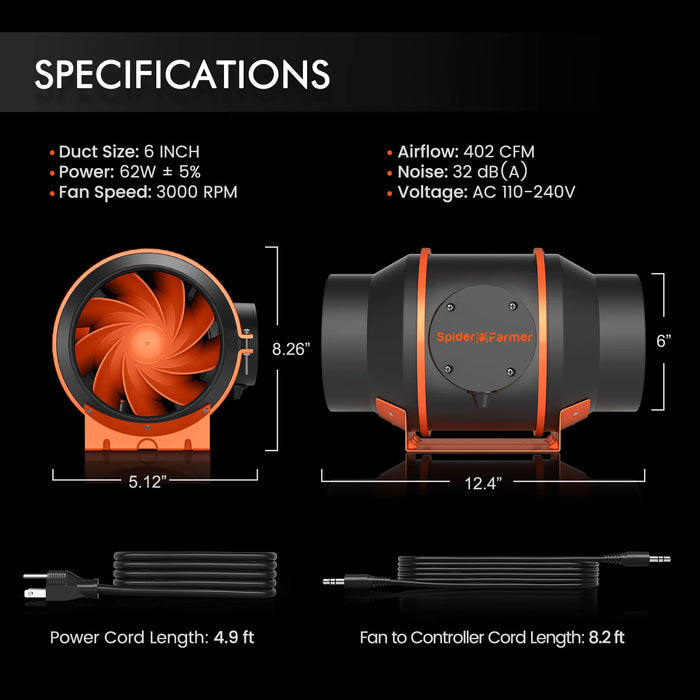 Spider Farmer 6-Inch 402 CFM Inline Fan with Speed Controller, Carbon Filter & Ducting Combo  - LED Grow Lights Depot