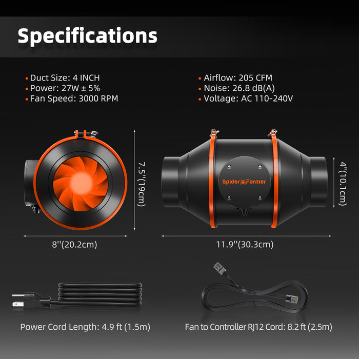 Spider Farmer 4-Inch Inline Fan Kit | 205 CFM | GGS Controller, Carbon Filter and Ducting Combo - LED Grow Lights Depot