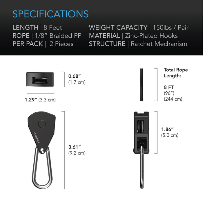 AC Infinity Heavy Duty Rope Clip Hangers | One Pair  - LED Grow Lights Depot