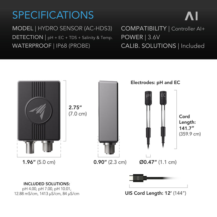 Hydro Sensor for Controller AI+, Precise pH, EC, TDS and Water Temp Data Tracking, Enables Equipment Control Programming | ETA: Q2 2025