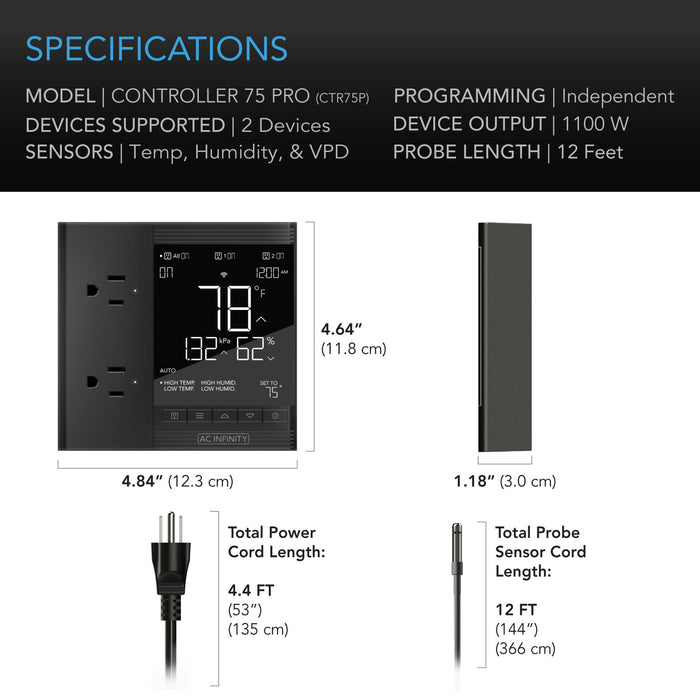 AC Infinity Controller 75 PRO | Dynamic VPD, Data App, Temp, Humidity, Scheduling for Two  - LED Grow Lights Depot