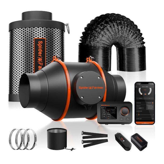 Spider Farmer 4-Inch Inline Fan Kit | 205 CFM | GGS Controller, Carbon Filter and Ducting Combo - LED Grow Lights Depot